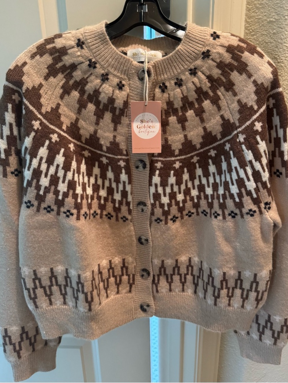 Beige & Brown Patterned Knit Cardigan